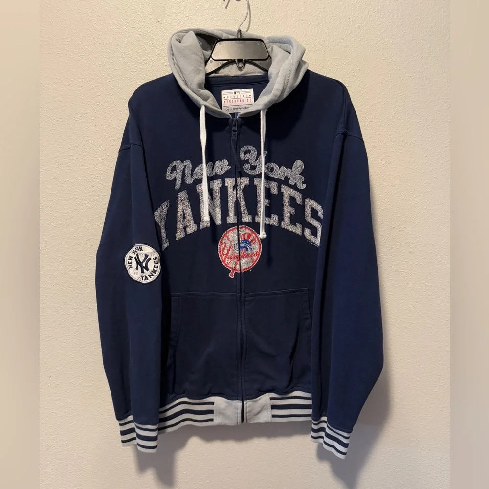 NY YANKEES ZIP HOODIE SWEATSHIRT‎ XL BASEBALL DISTRESSED BLUE Carl Banks - Picture 3 of 10